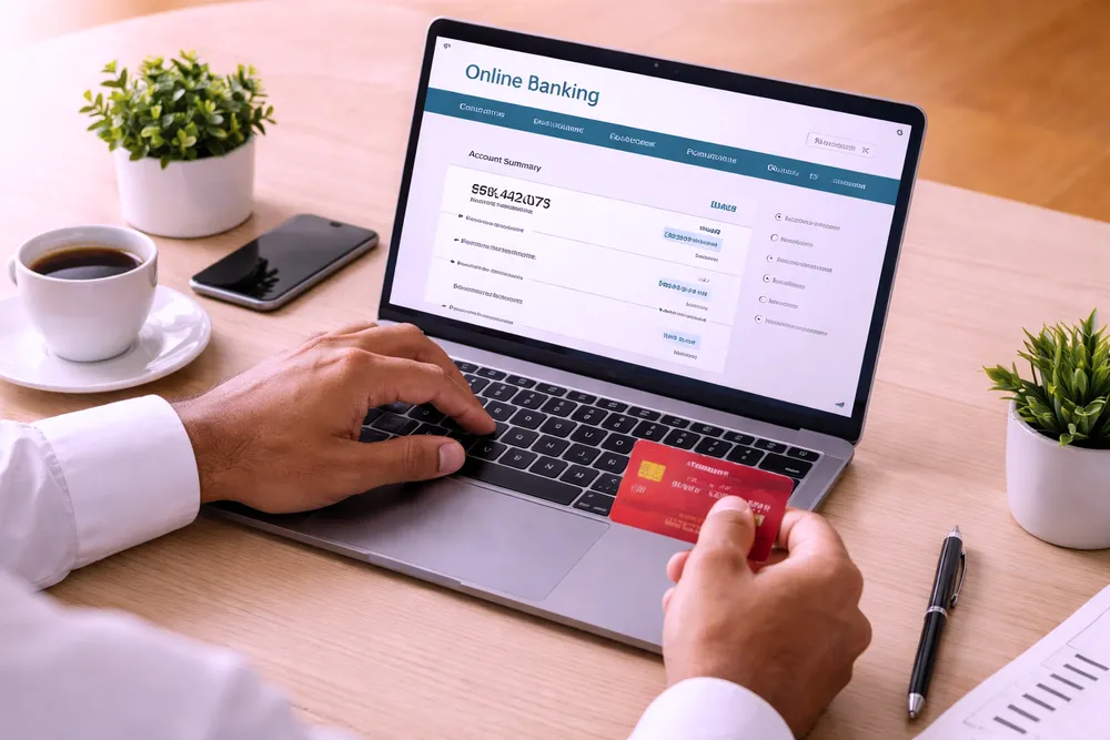 Close-up das mãos de um homem utilizando um notebook para acessar o internet banking, enquanto segura um cartão de crédito vermelho. O cenário sugere a dúvida entre usar uma conta corrente PF ou PJ para transações cotidianas.
